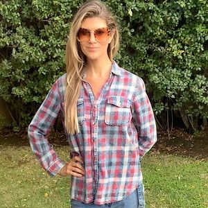 BDG medium light flannel button down red white & blue